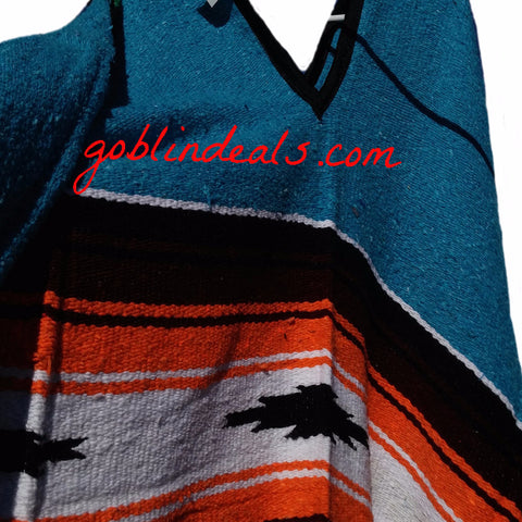 Mexican Diamond Poncho Royal Blue Orange  - Goblin Deals 
